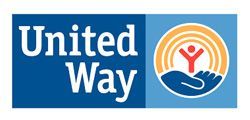 United Way logo with text and a hand holding a person in a circle of rainbows.