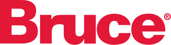 A red and white logo for bruce on a white background
