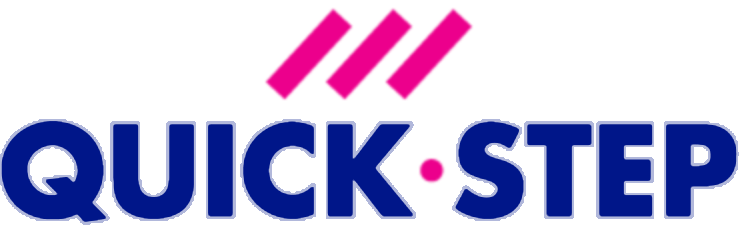 A blue and pink quick step logo on a white background