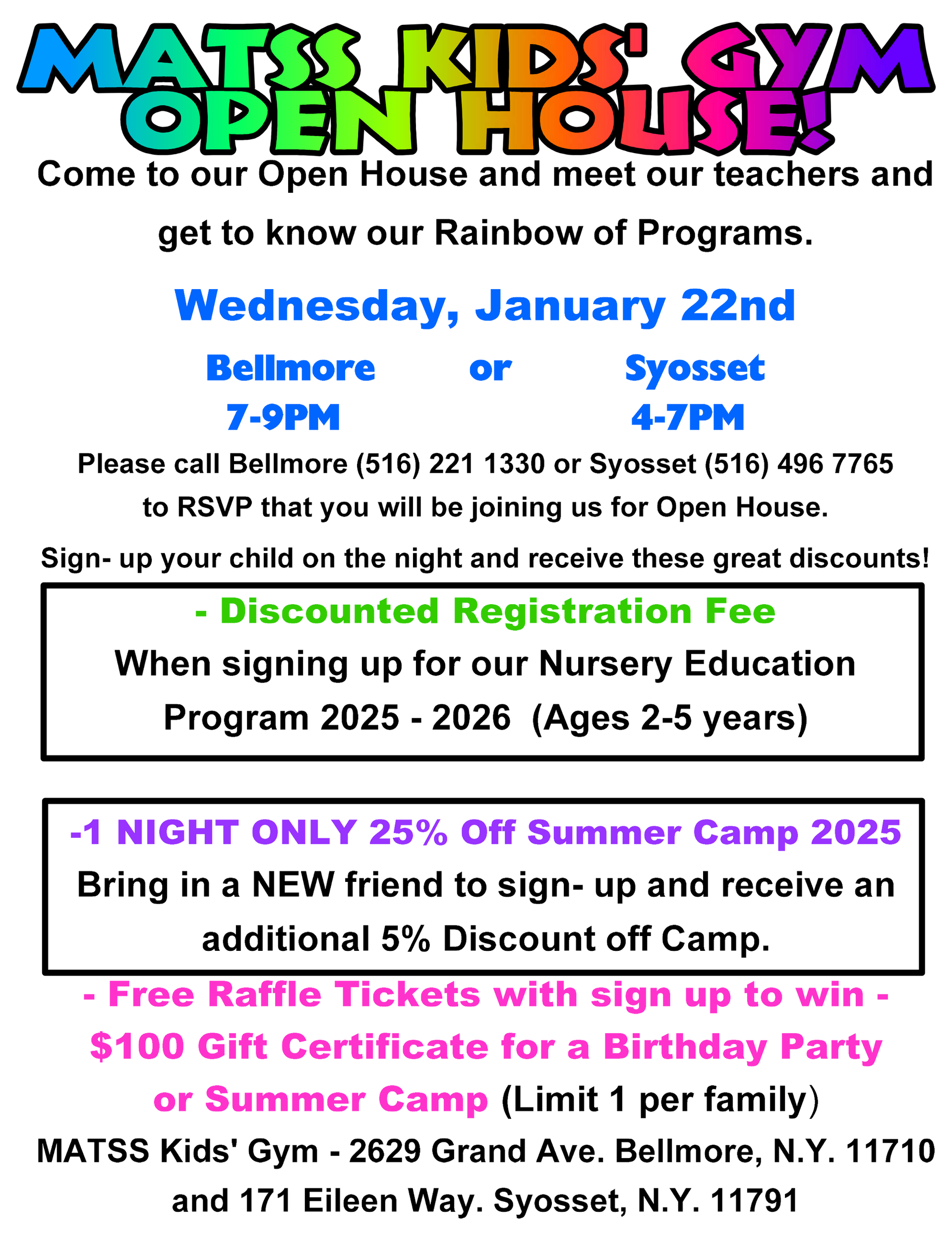 M.A.T.T.S Kids' Gym Open House flyer in both locations