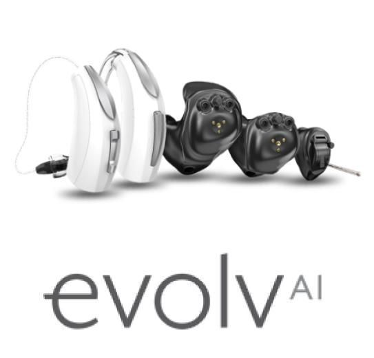 A pair of hearing aids next to the word evolve