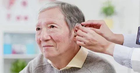 An elderly woman is getting a hearing aid from a doctor.