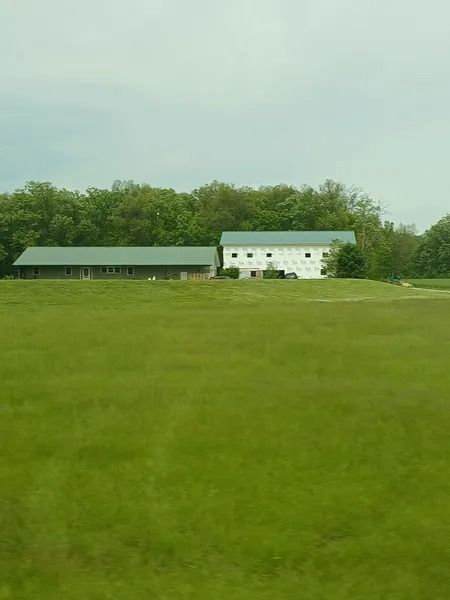 Green field with a white building and green-roofed building against a treeline under a cloudy sky.
