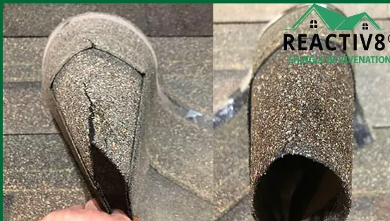 Two images showing a cracked roofing shingle before and after repair.  The