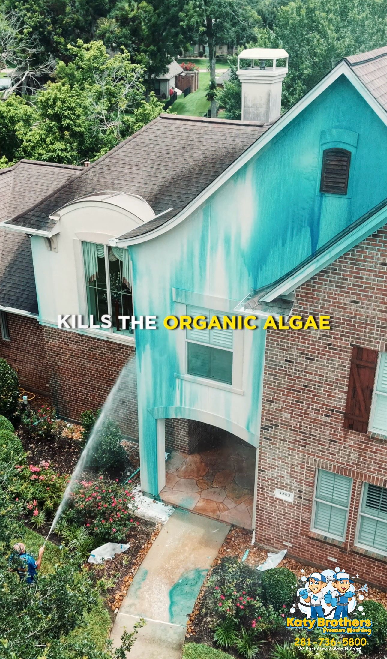 Turquoise house with text Kills the organ in a garage over an aerial view of a brick building