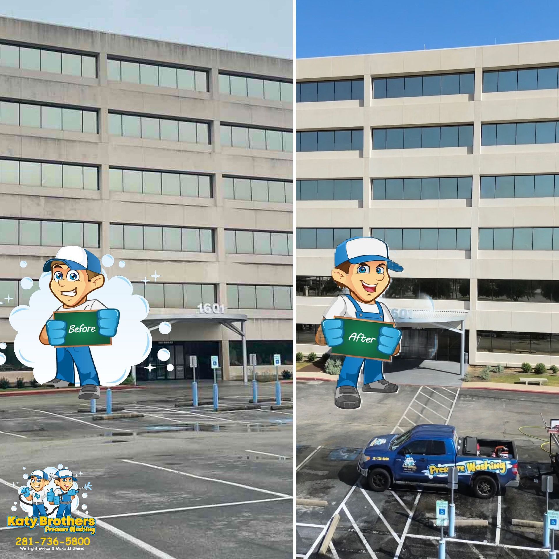 Cartoon cutouts of a construction worker holding a sign outside a beige office building in a parking lot