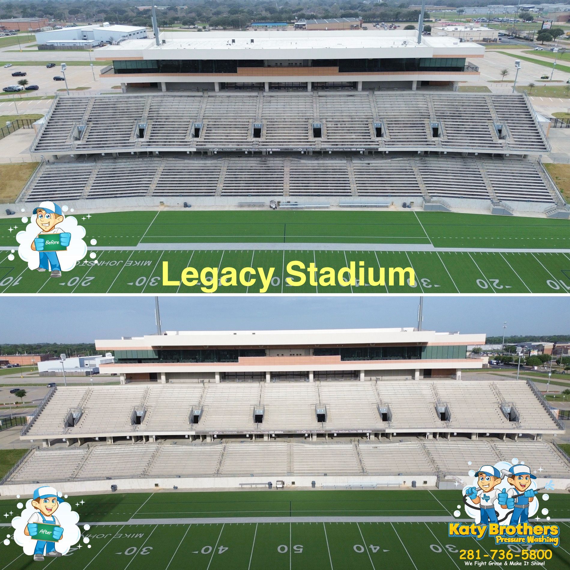 Legacy Stadium aerial view, split before-and-after renovation showing worn gray stands and updated seating.