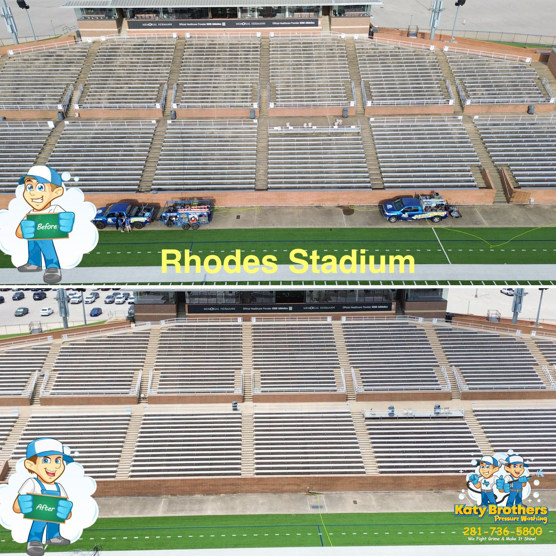 Aerial view of Rhodes Stadium bleachers and parking lot, with Rhodes Stadium text overlay.