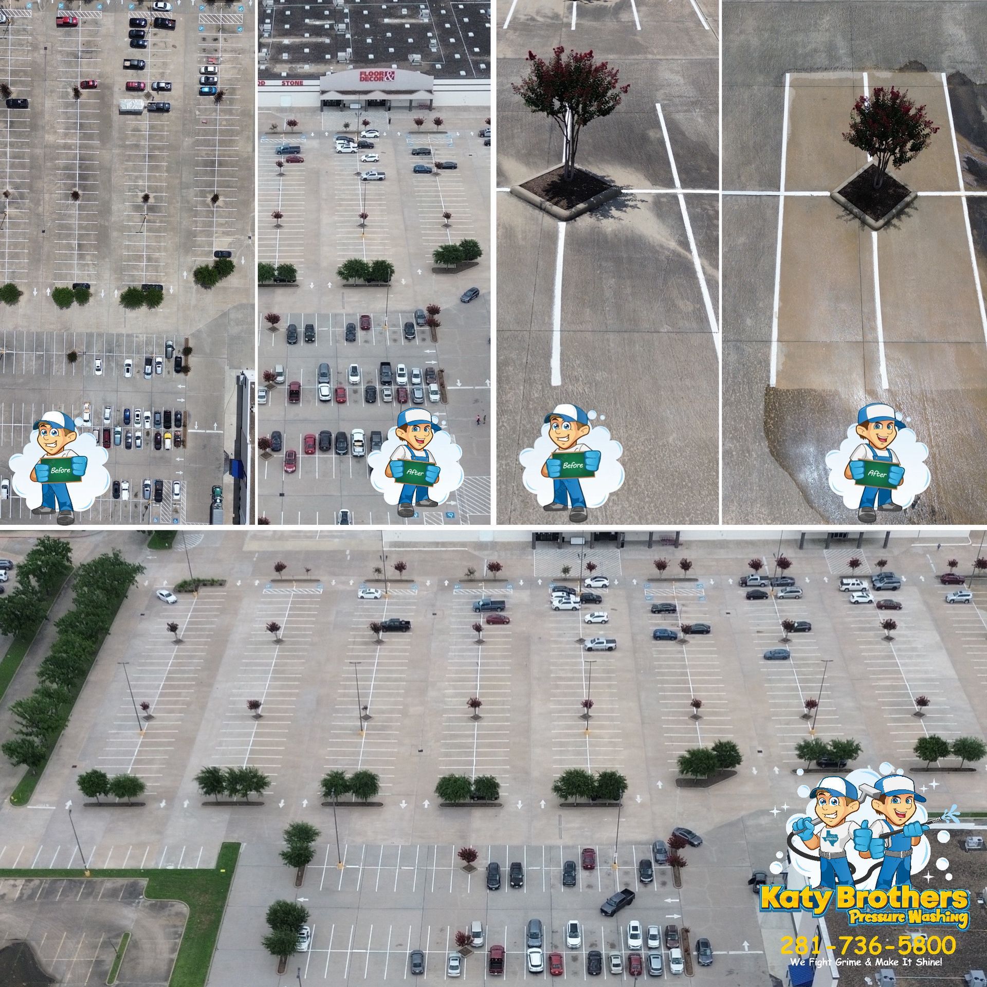 Aerial view of a mostly empty parking lot with a few cars and small trees, overlaid with cartoon worker stickers.