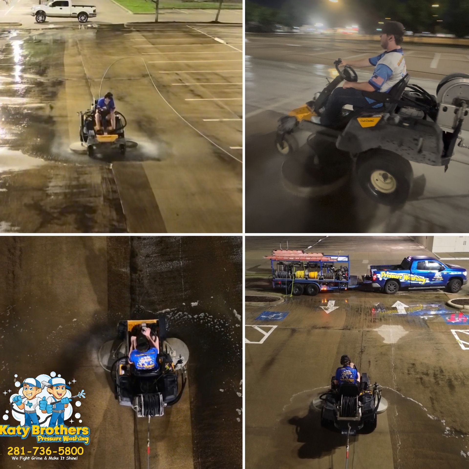 Worker driving a yellow ATV on a wet parking lot at night, with a towing setup and damage images in a collage.