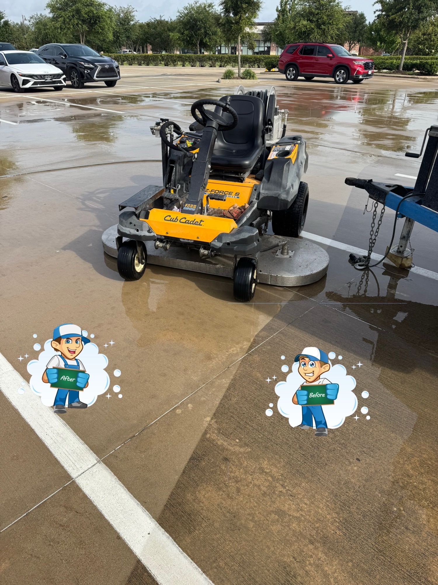 Yellow Cub Cadet lawn mower cleaning a wet parking lot