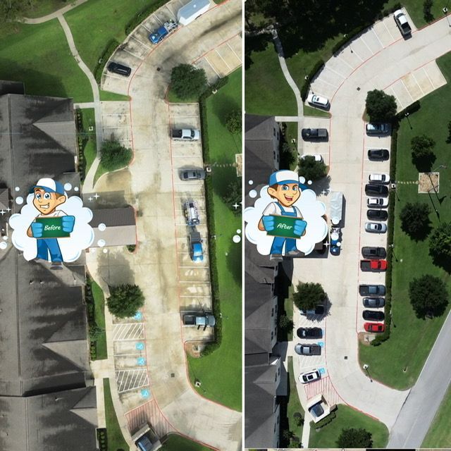 Aerial view of two apartment parking lots with cartoon delivery characters