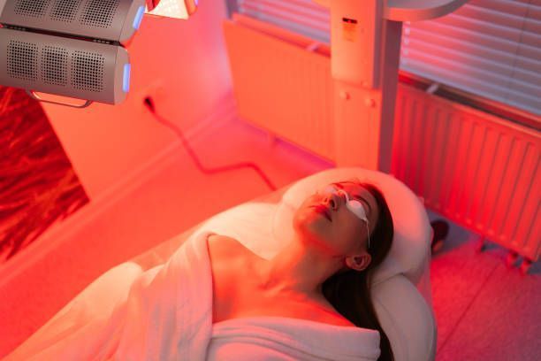 Woman in protective eyewear lies under red light therapy device in a spa setting.