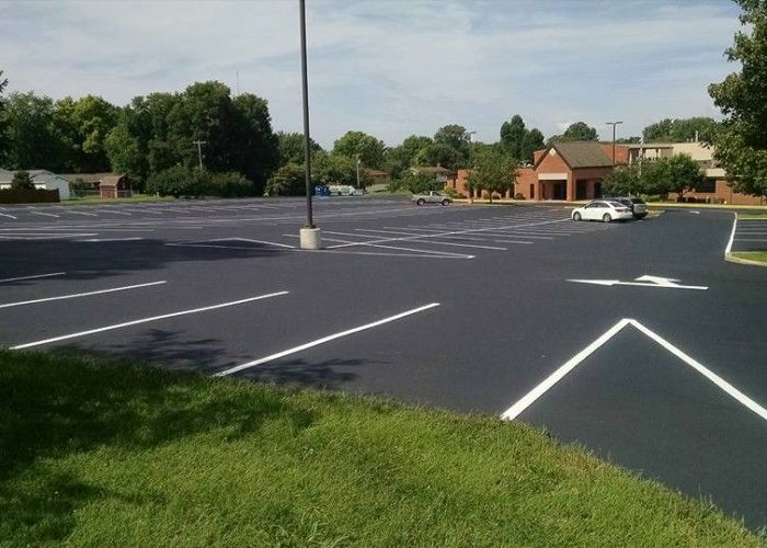 Empty parking lot with fresh black pavement, white lines, a light pole, and trees in the background