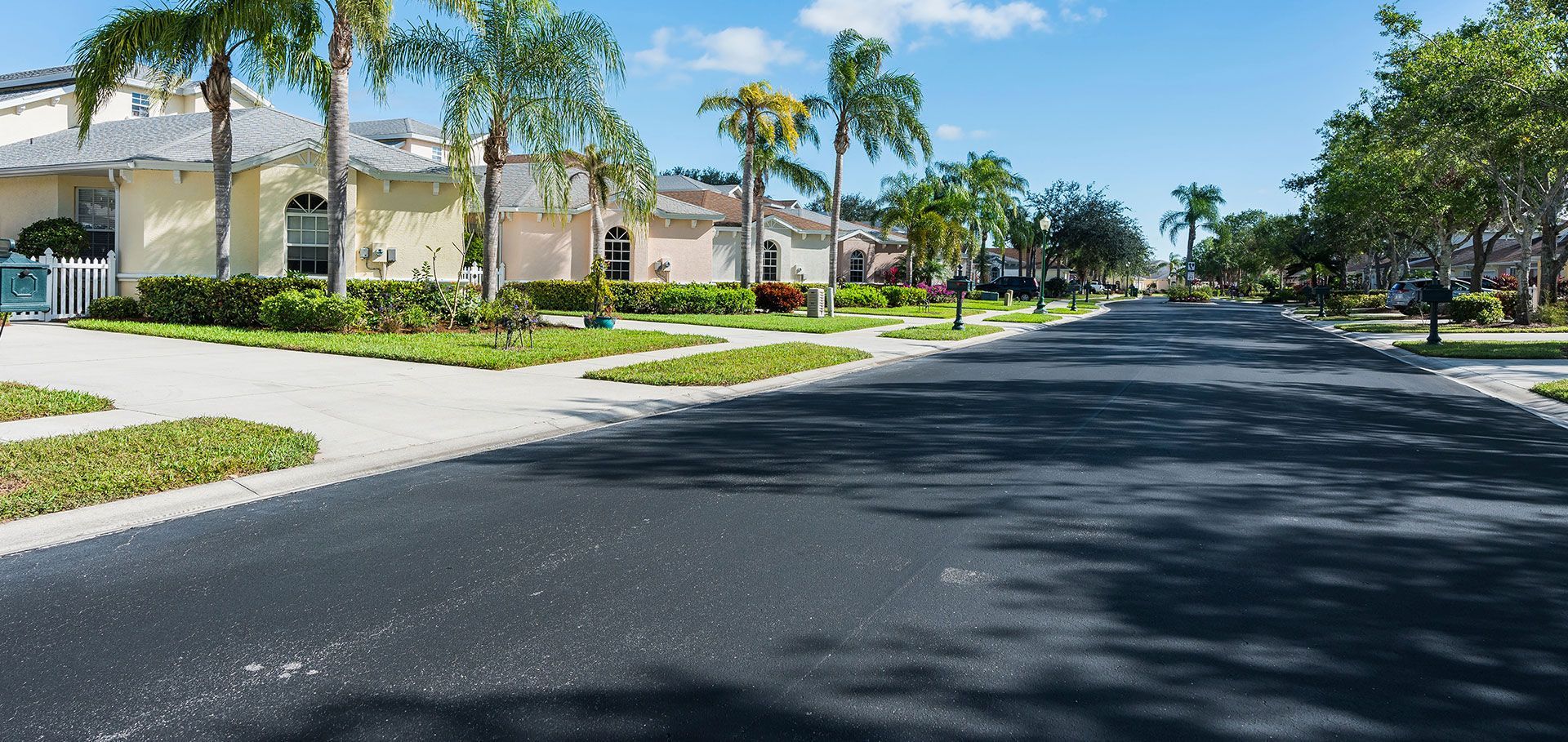 Quiet suburban street with palm trees and large homes on a sunny day