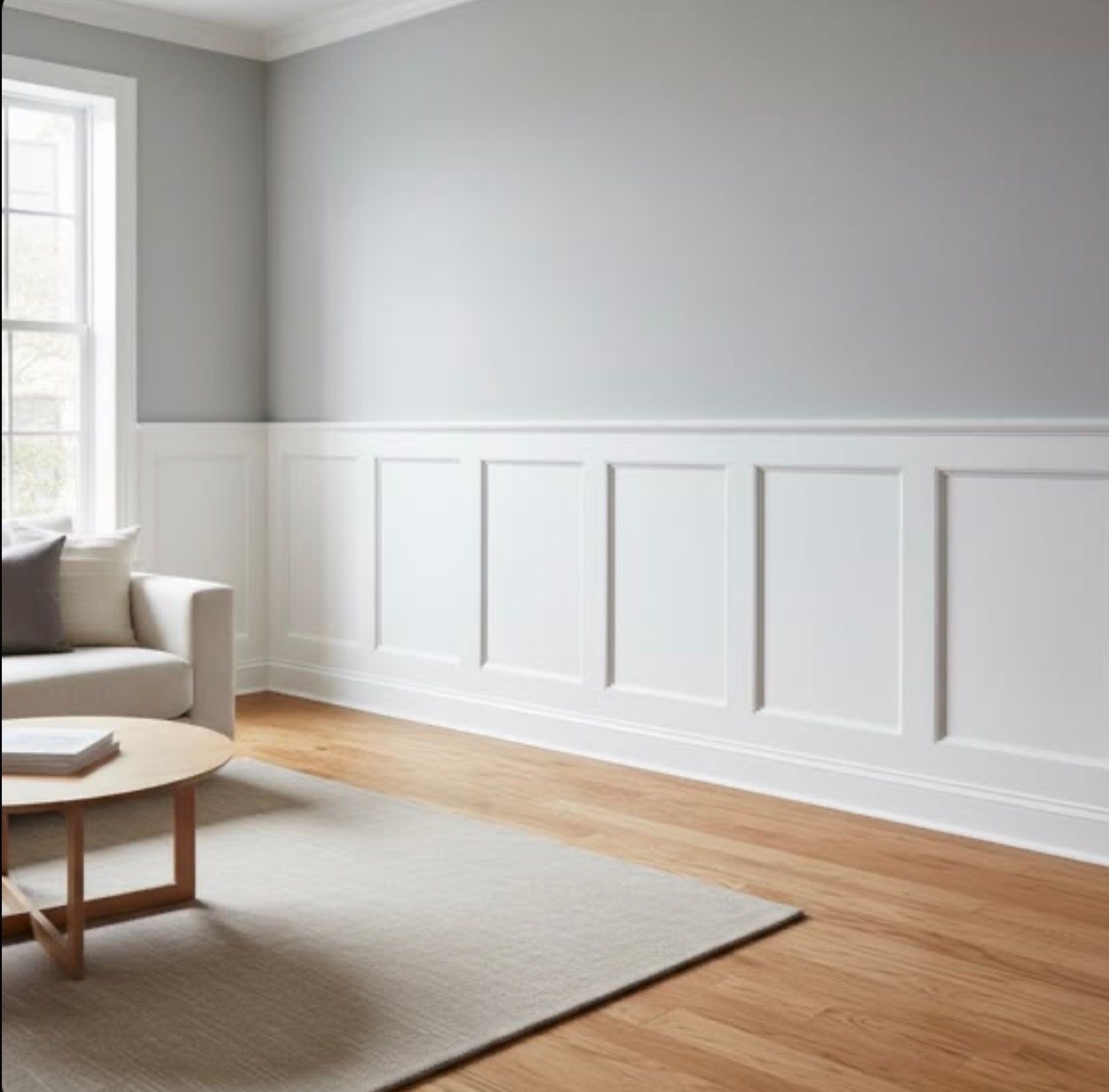 Bright living room with gray walls, white wainscoting, wood floor, and a beige sofa by a window