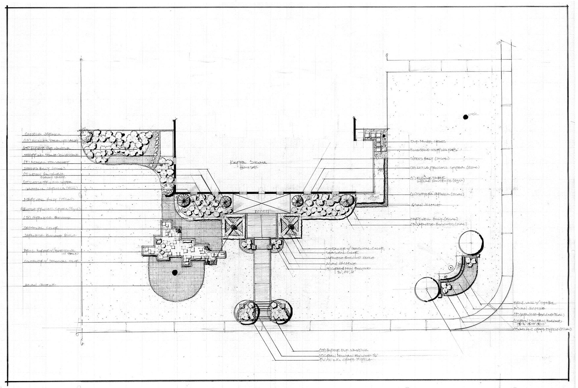 a black and white drawing of a landscape design #4.