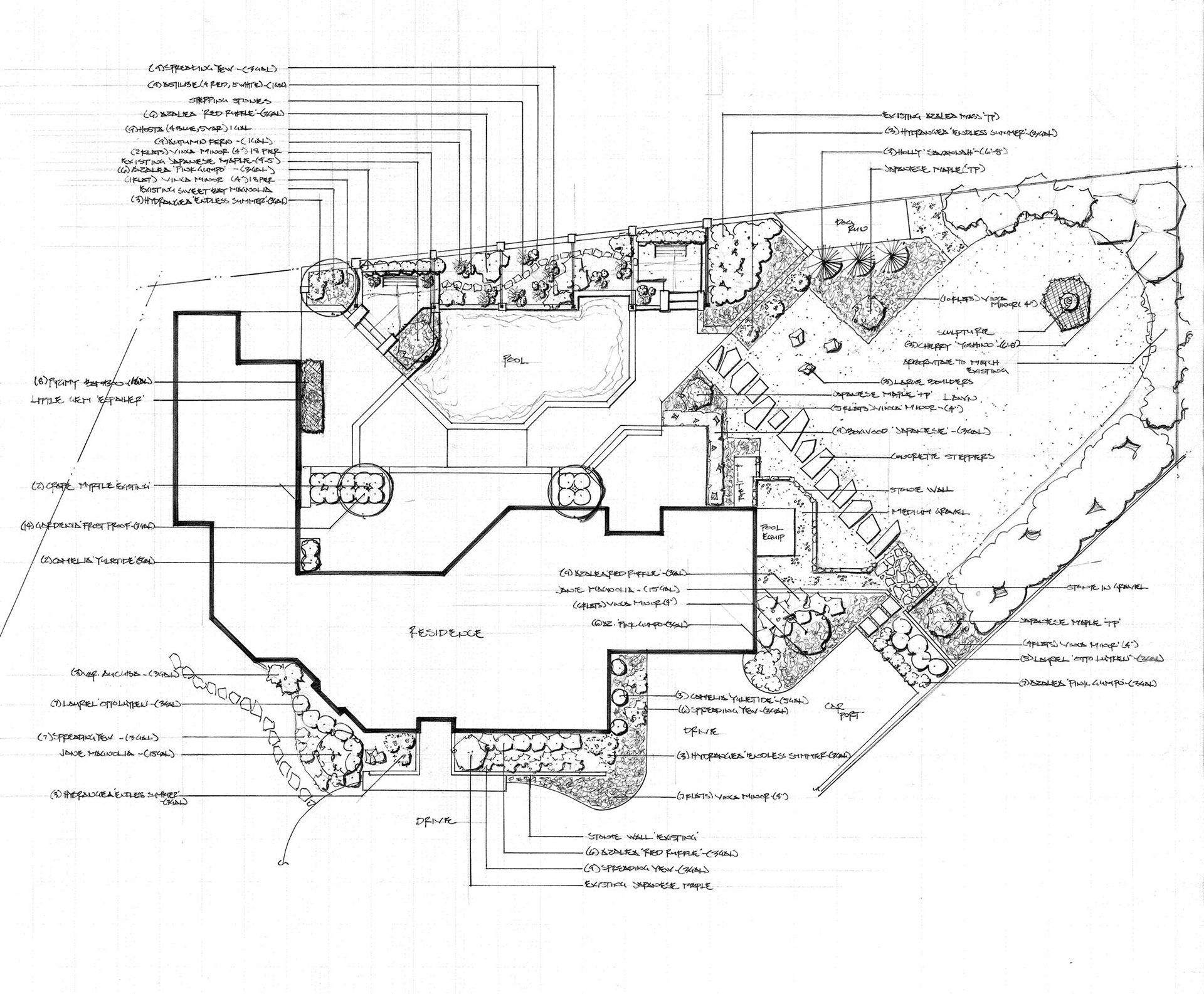 a black and white drawing of a landscape design #5 .