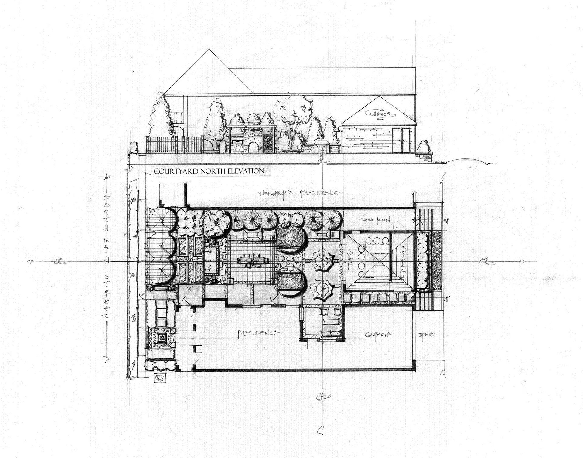black and white drawing of a landscape design #8 .