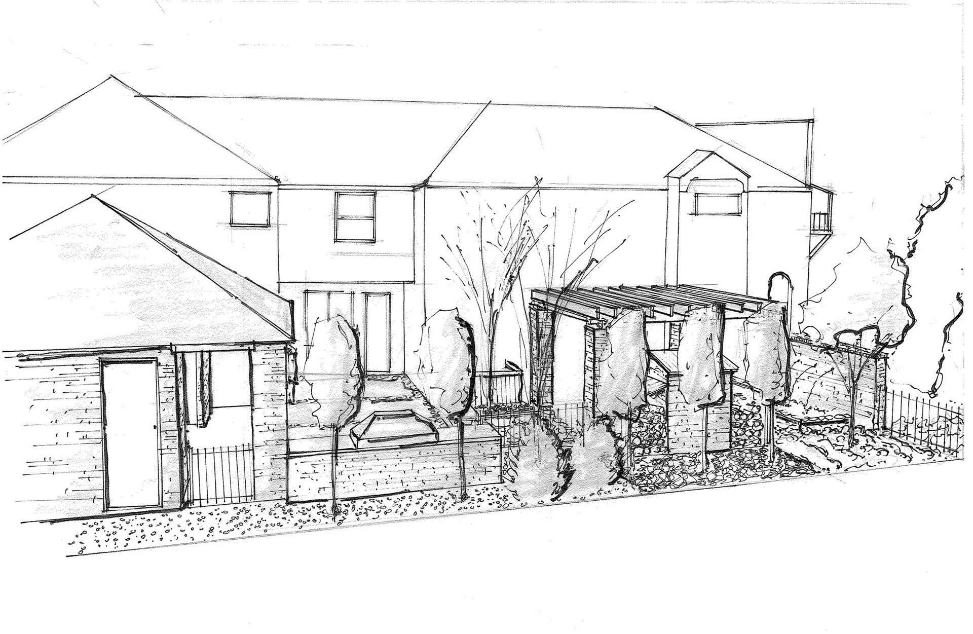 a black and white drawing of a house with new landscape design .