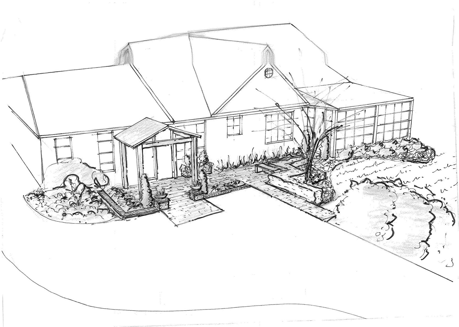 a black and white drawing of a house with new landscape design #2.
