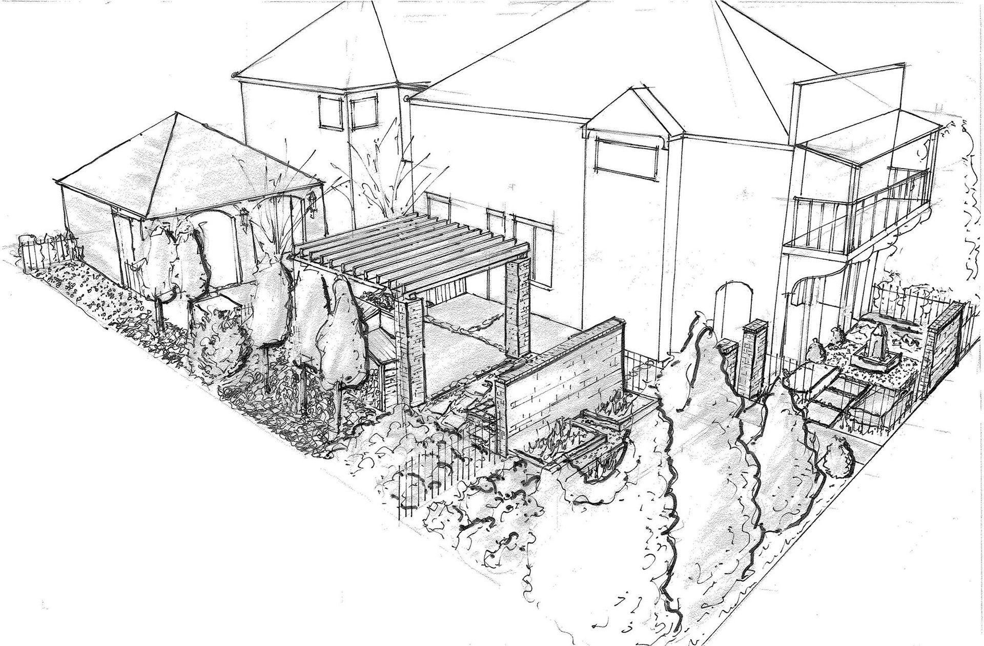 a black and white drawing of a house with new landscape design #3.