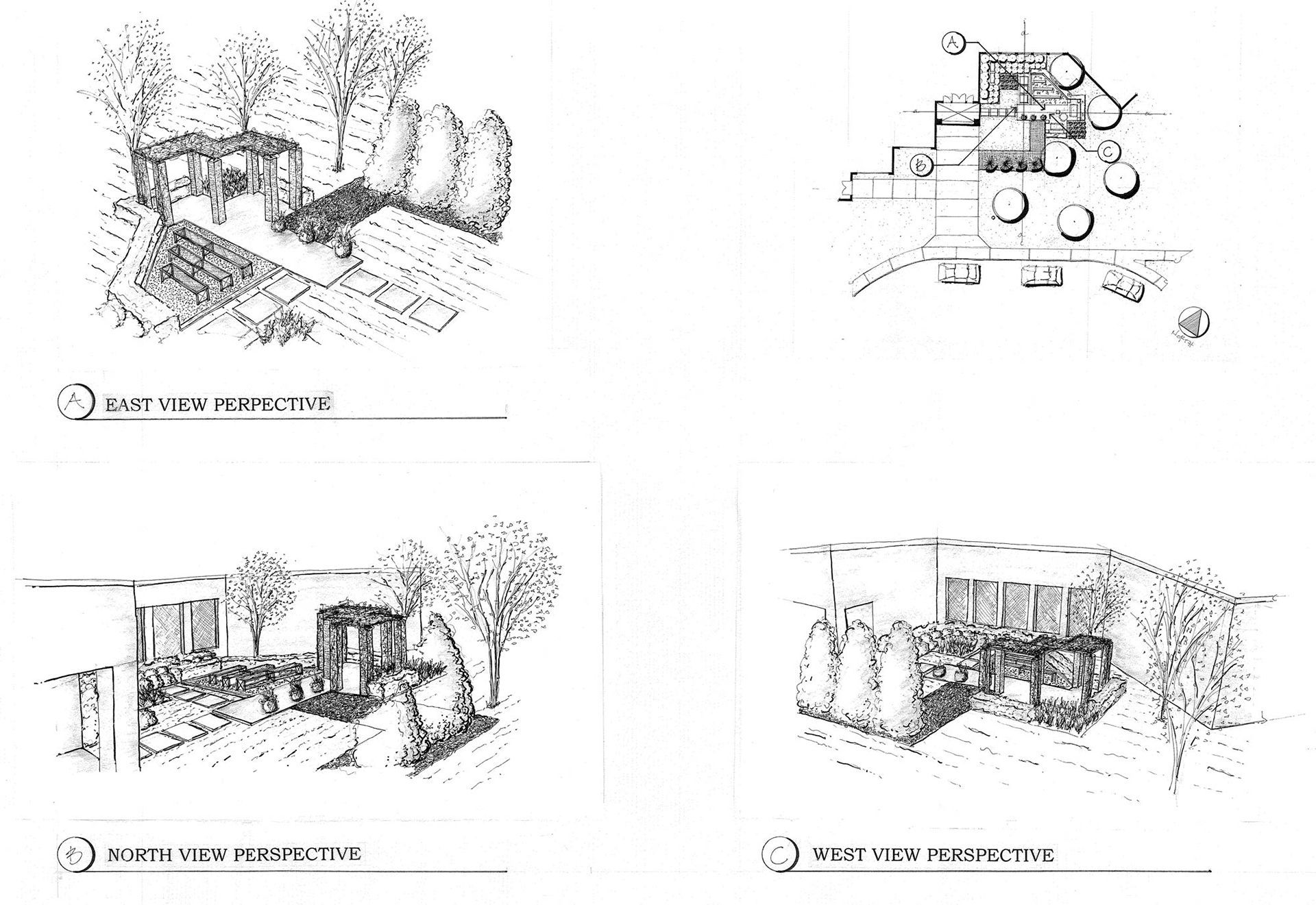 a group of four black and white drawings of landscape designs .