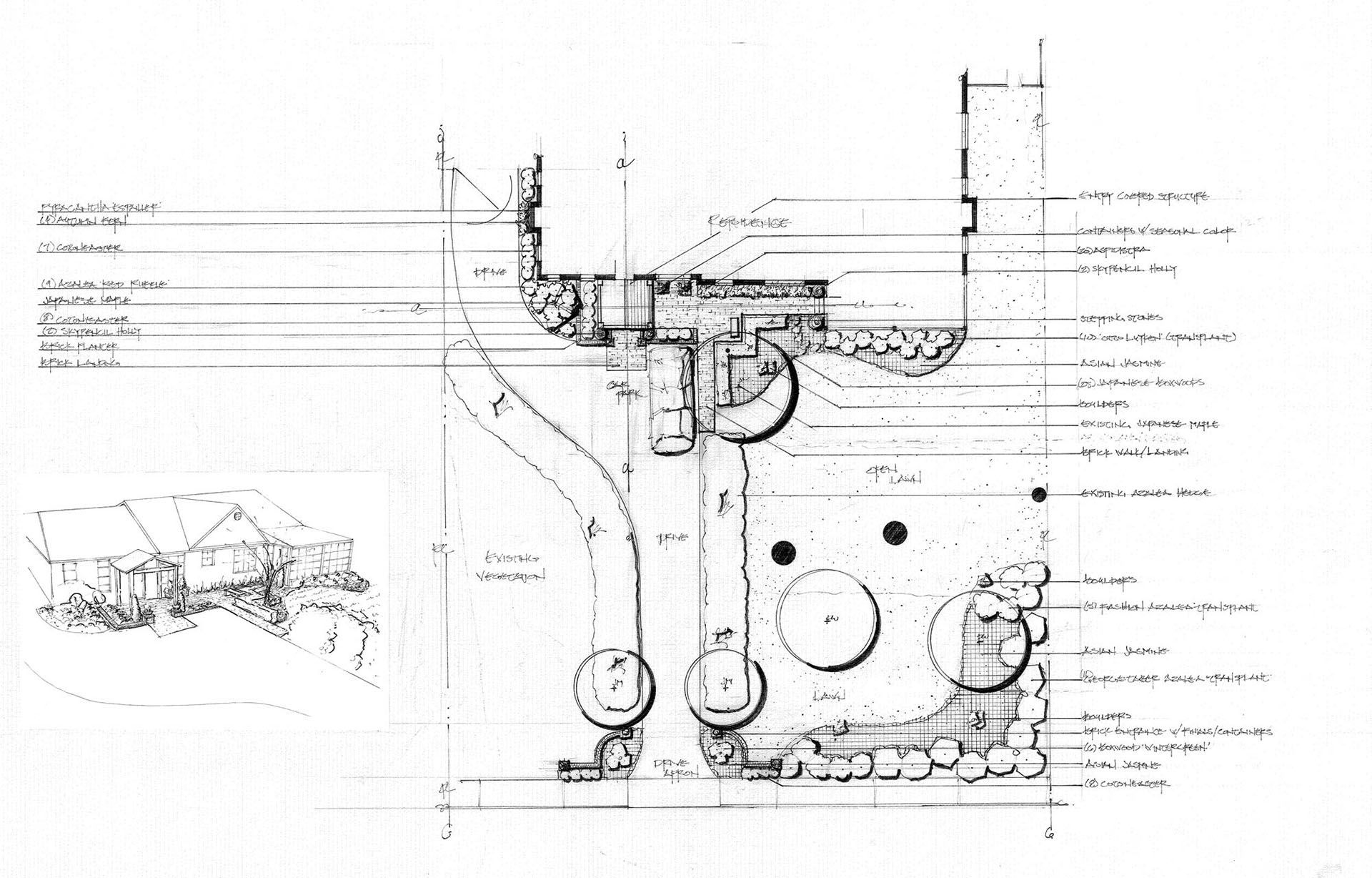 a black and white drawing of a landscape design, #3.