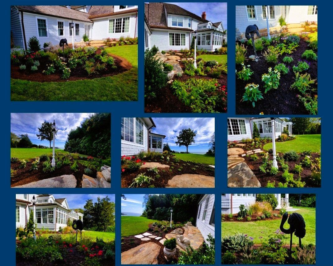 A collage of pictures of a house and a garden