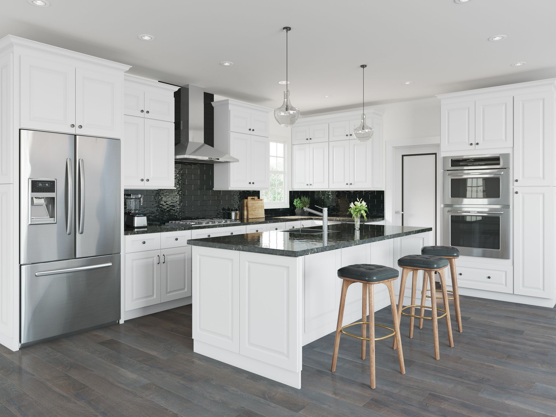 White kitchen with stainless steel appliances, dark countertops, and an island with stools.