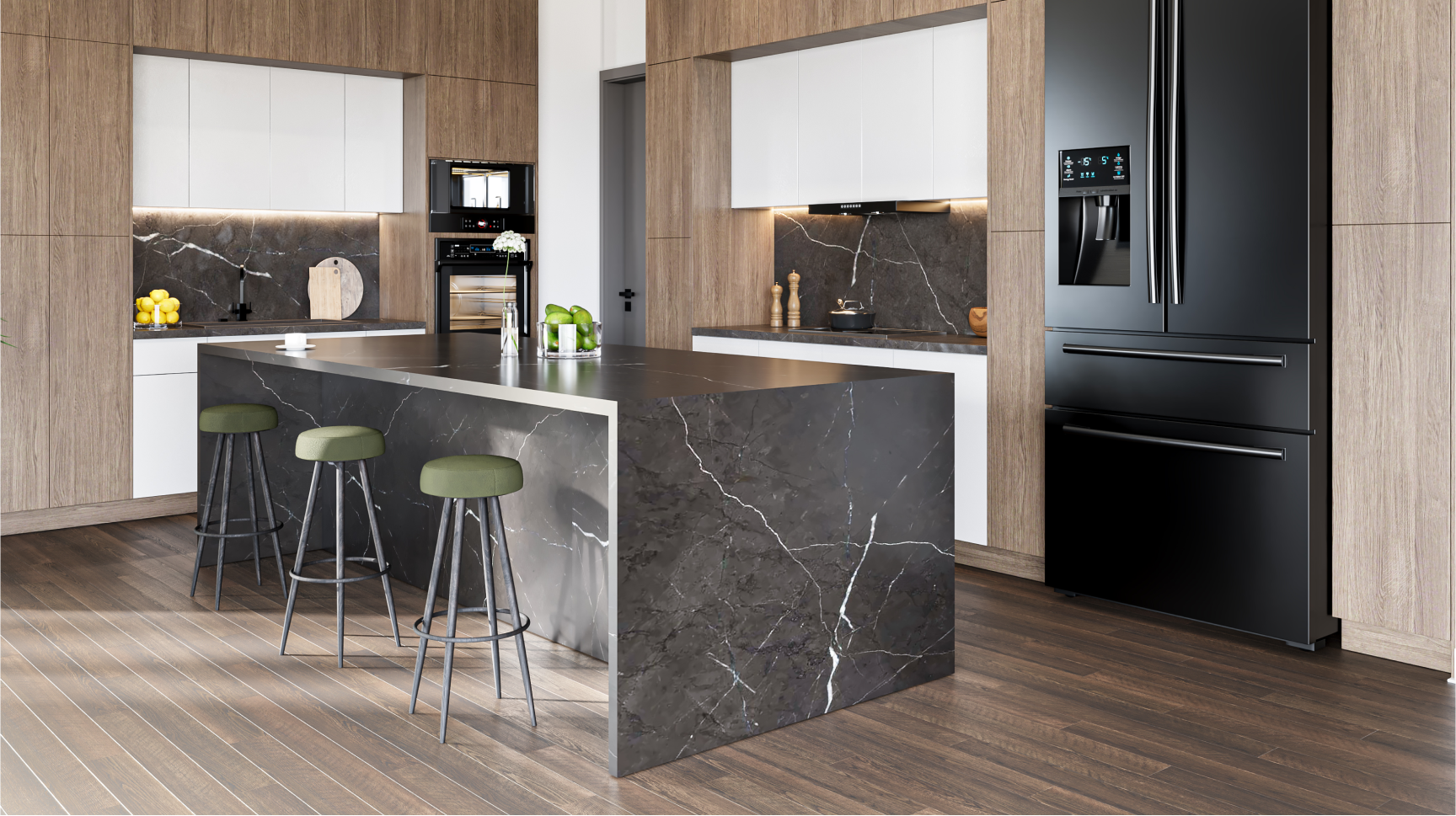 Modern kitchen with a black marble island and dark refrigerator, wooden cabinets, and green stools.