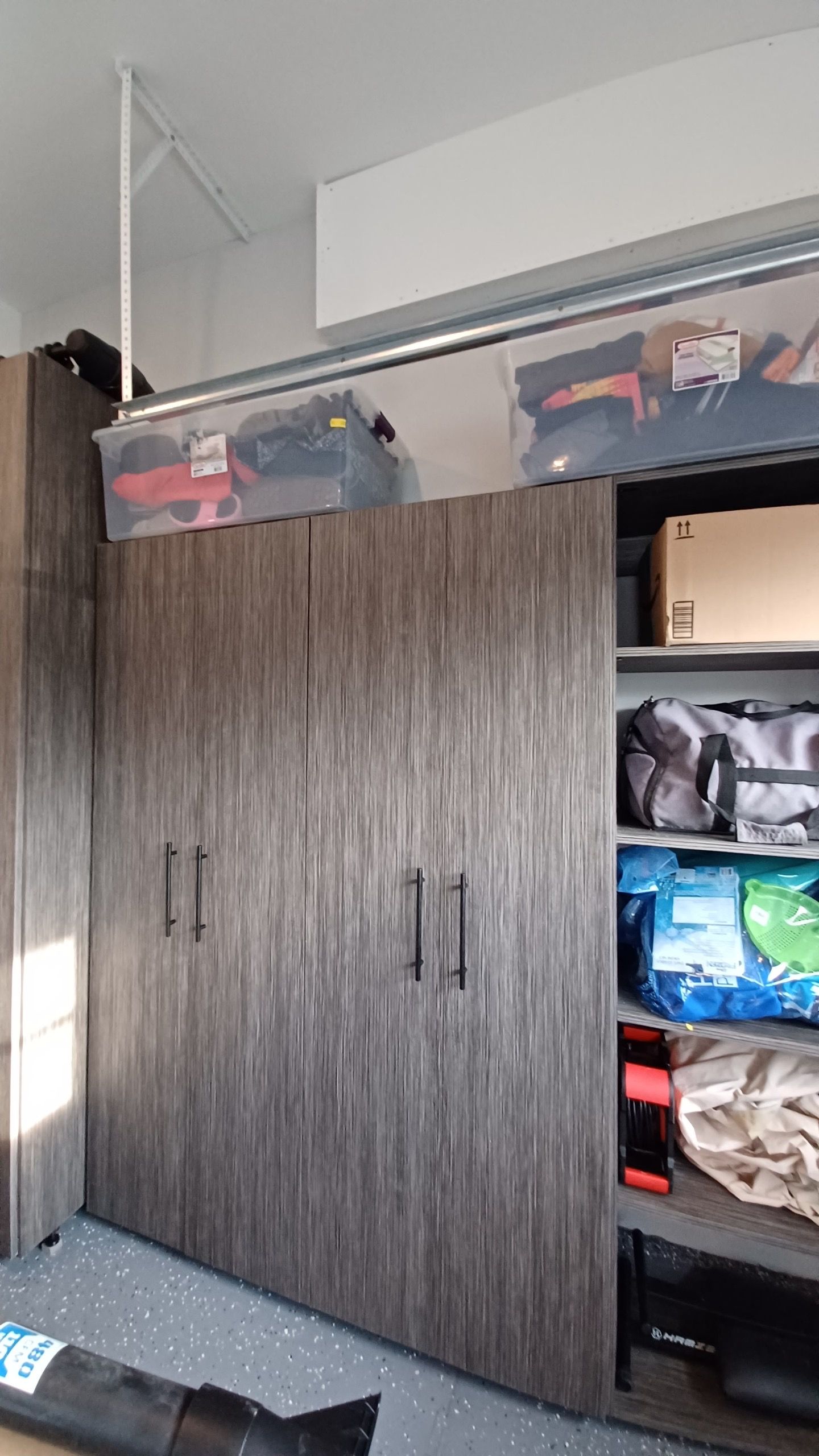 Garage storage cabinet with closed doors, shelves, and bins; dark wood grain finish.