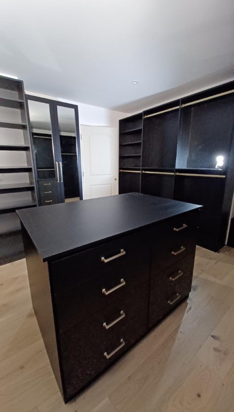 Walk-in closet with dark cabinets, a central island, and wood flooring.