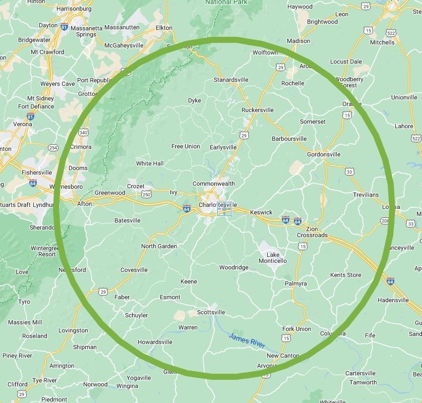 A map with a green circle in the middle of it.