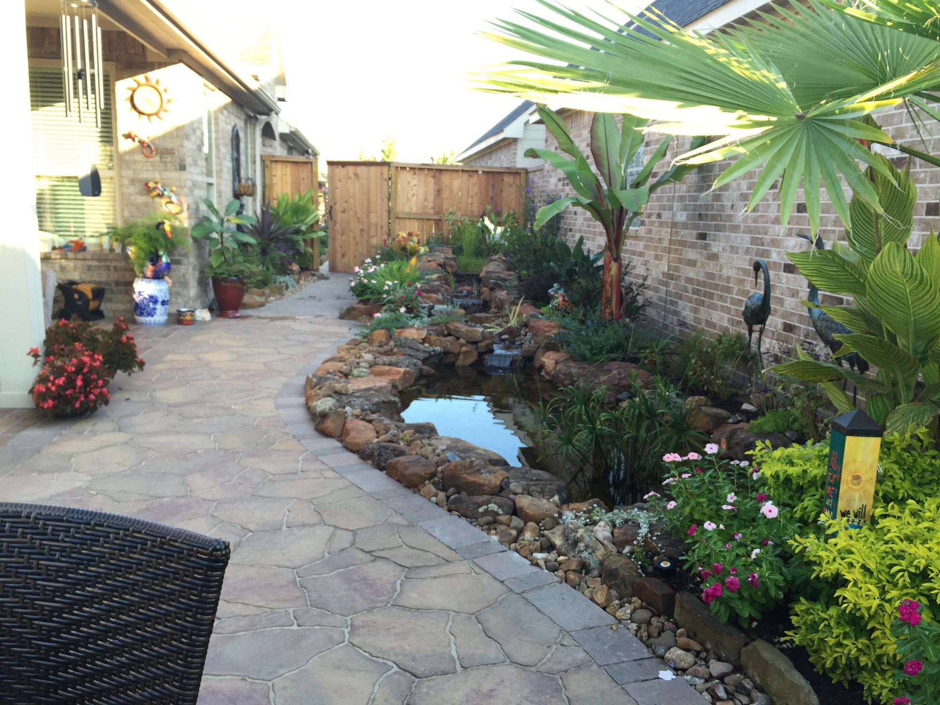 Narrow stone garden path beside a small pond, flowers, and palm trees in a backyard courtyard