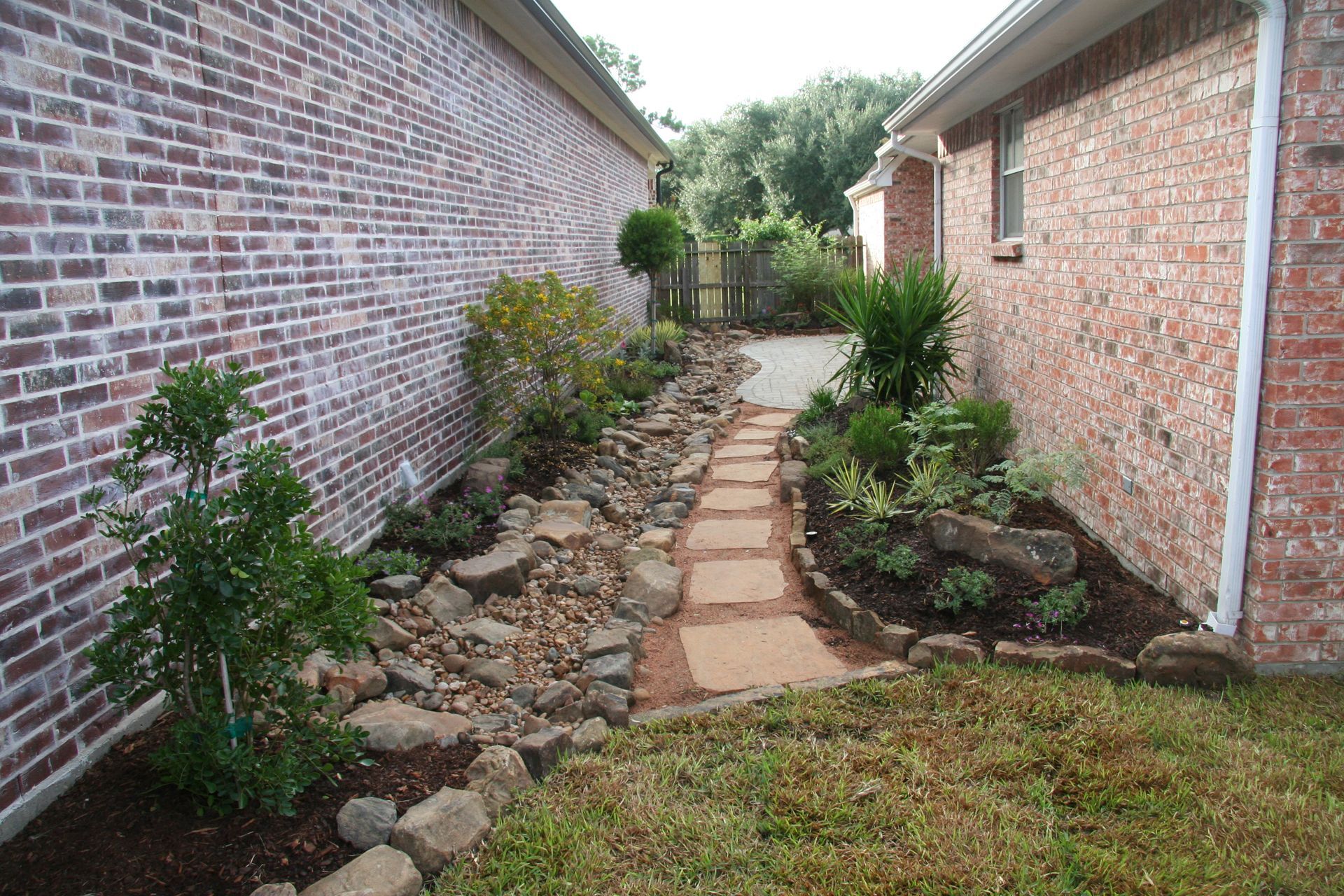Narrow stone path between brick houses with small landscaped garden beds and shrubs