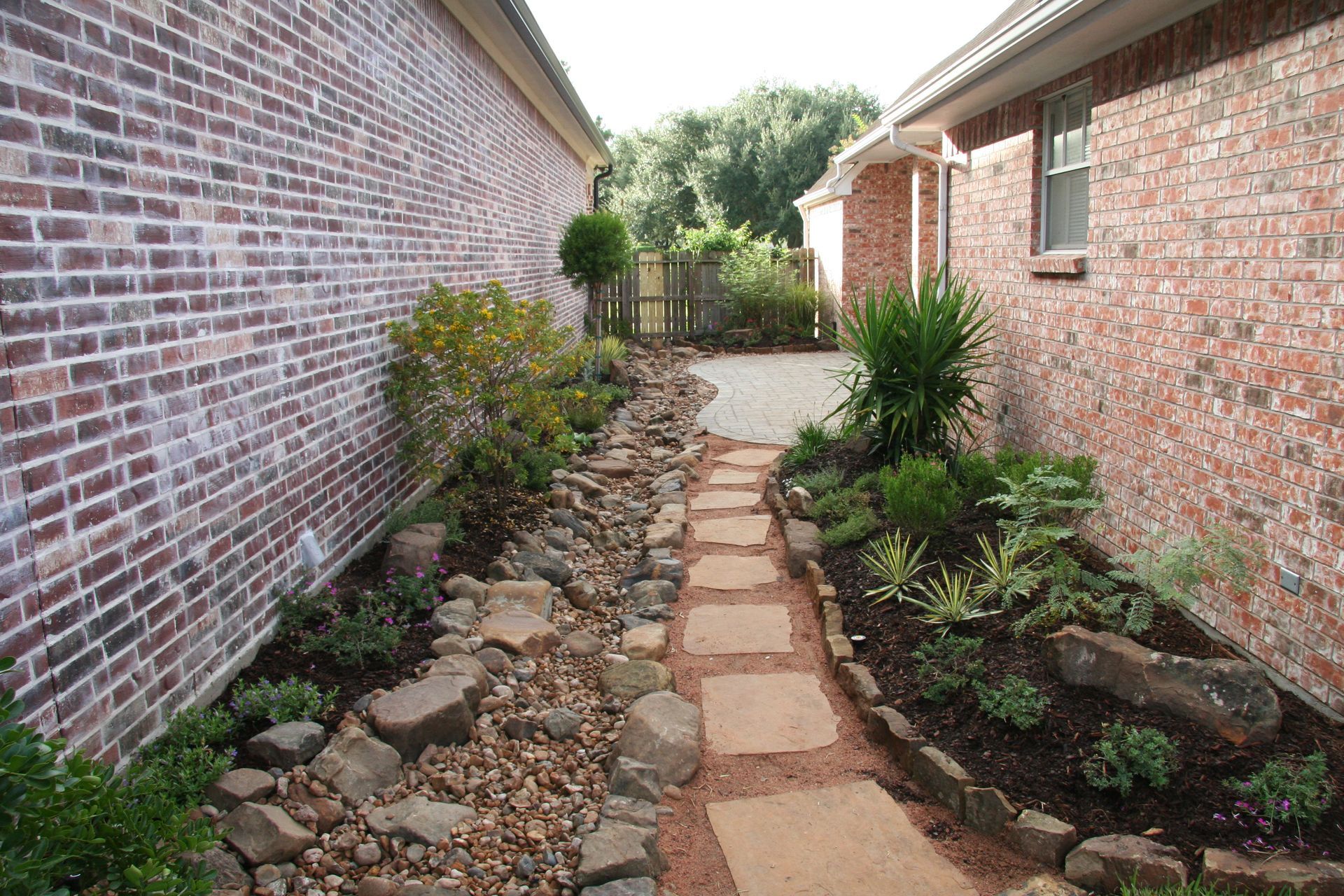 Narrow brick garden walkway between two brick houses, lined with rocks and shrubs.