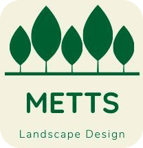 METTS Landscape Design logo with green leaf shapes above the company name and tagline on a cream background