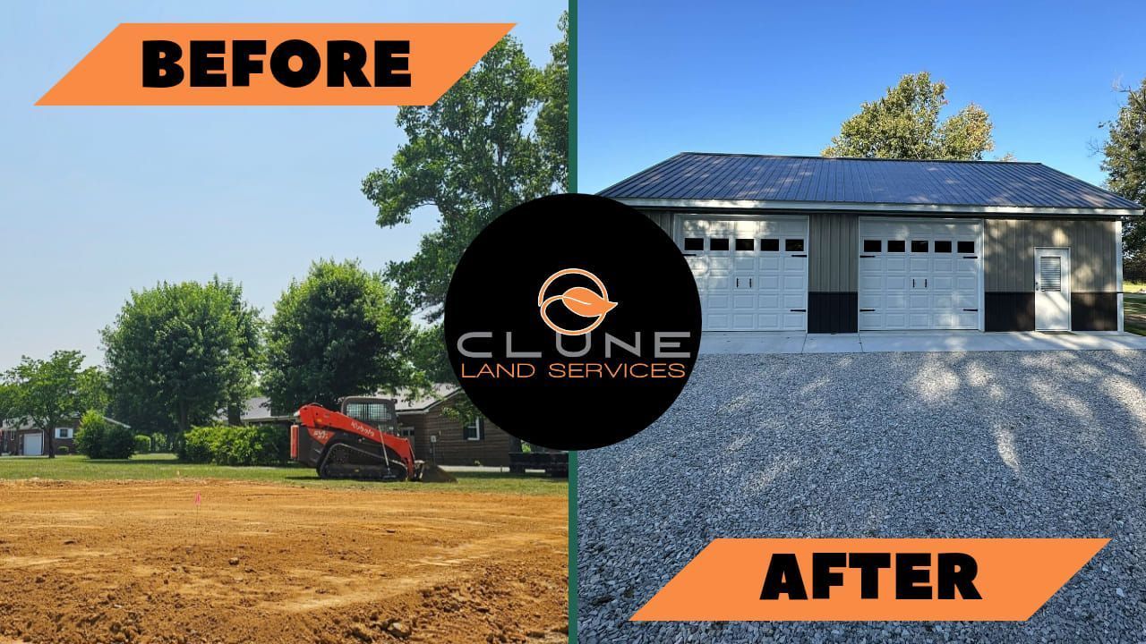 A before and after picture of a land turned into a garage