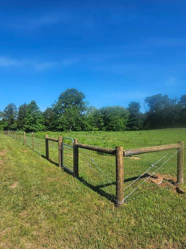 A wooden fence surrounds a grassy field with trees in the background.