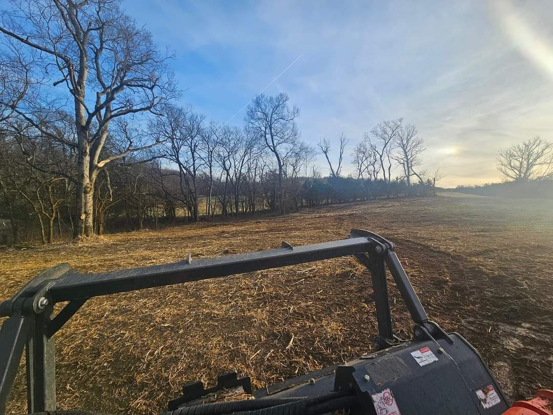 A person is riding a atv in a field with trees in the background.