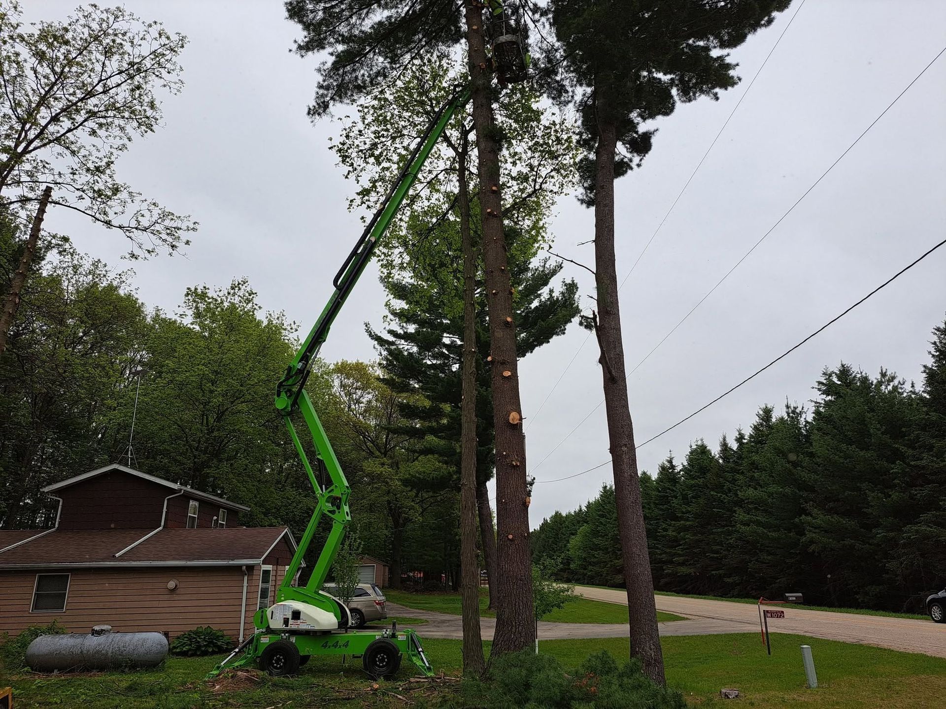 Green boom lift trimming tall trees beside a house and power lines in a wooded yard