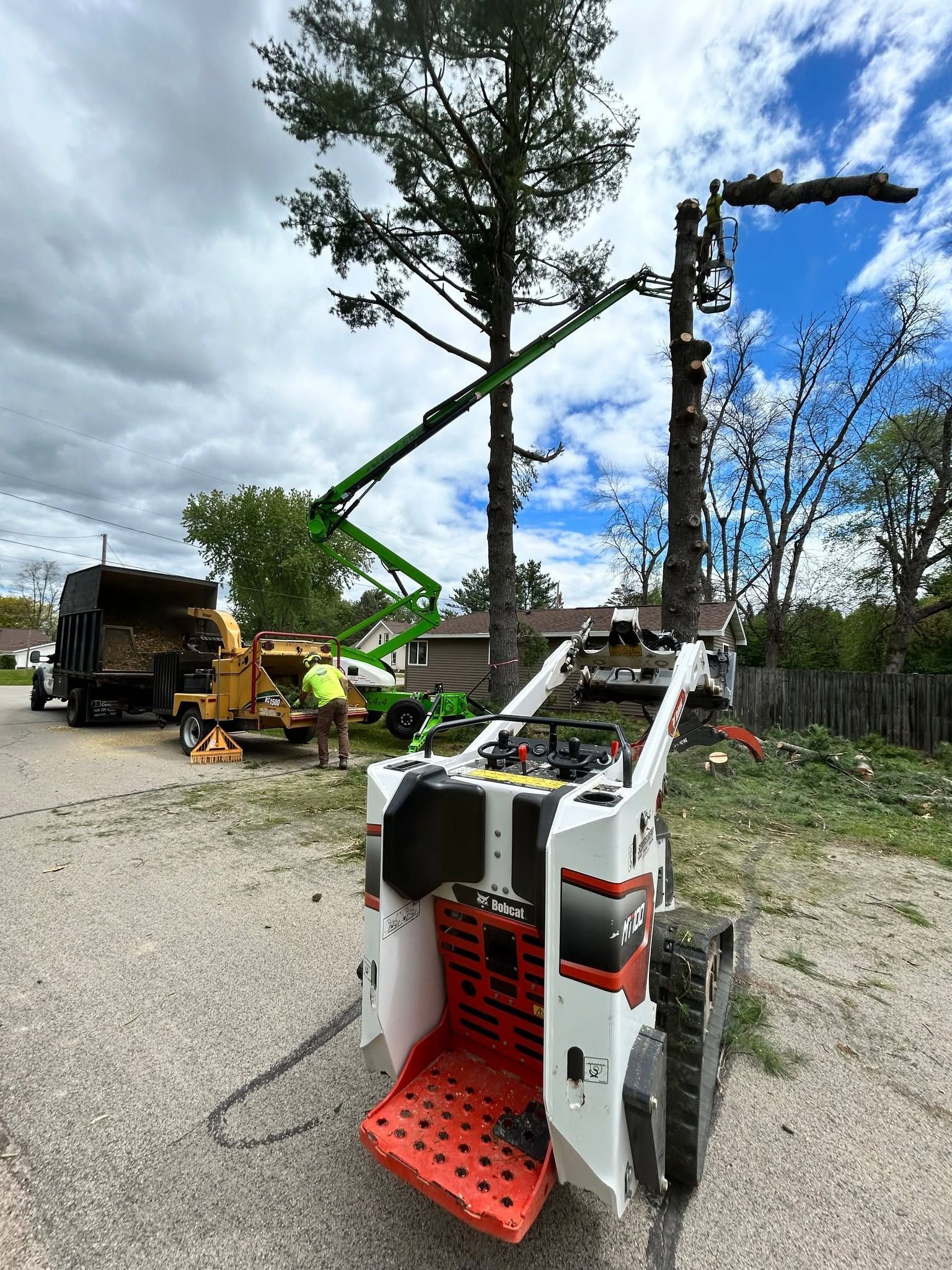 Bucket truck and utility crew trimming a tree beside power lines on a roadside