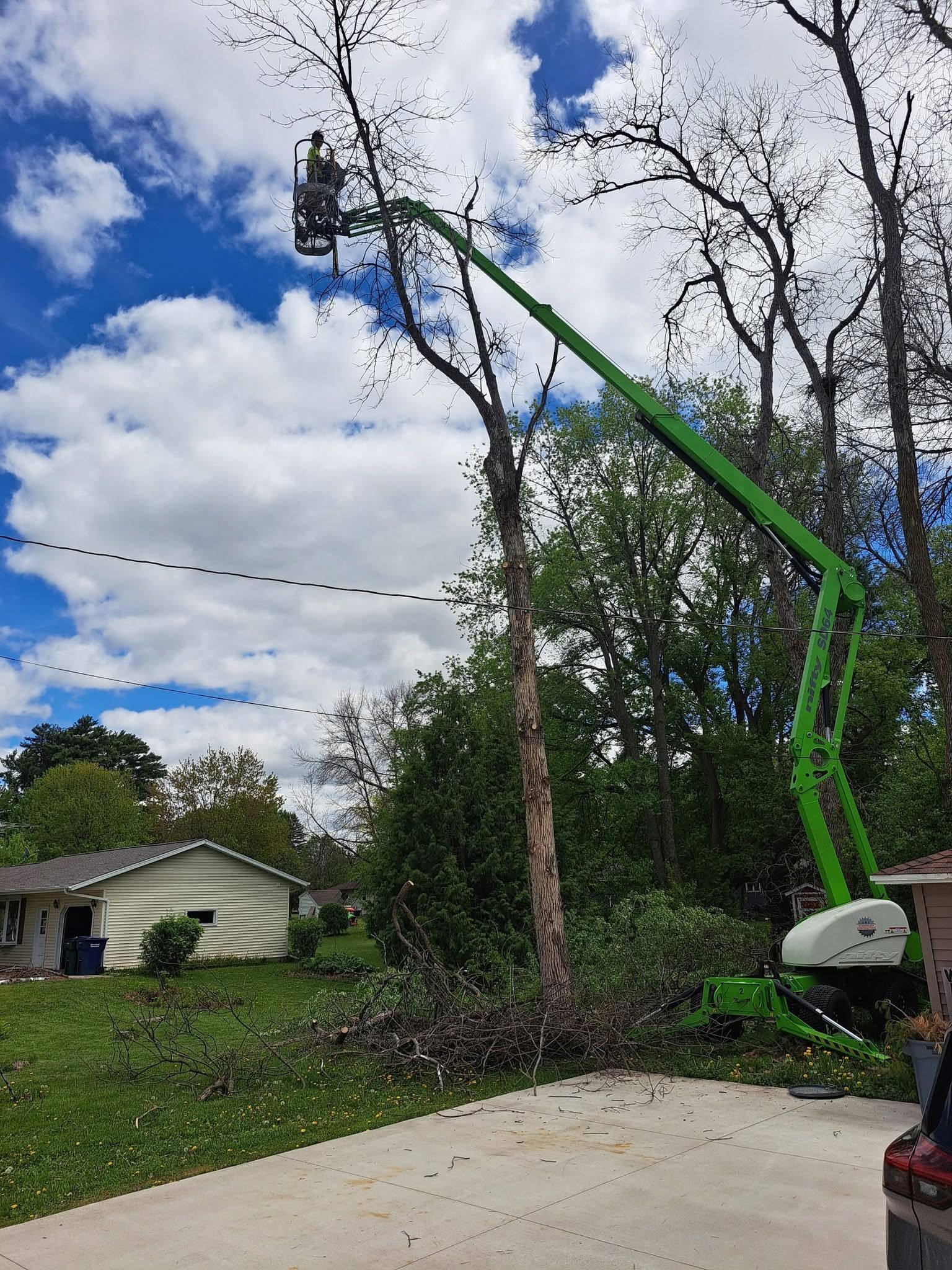 Green boom lift raises worker basket beside tall trees in a driveway under a cloudy blue sky