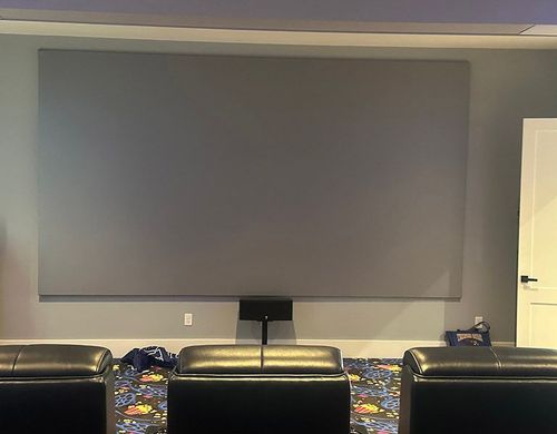 A home theater with a large screen on the wall.