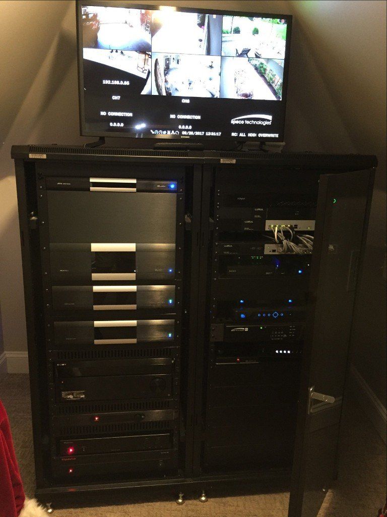 A tv is sitting on top of a shelf with lots of electronics on it