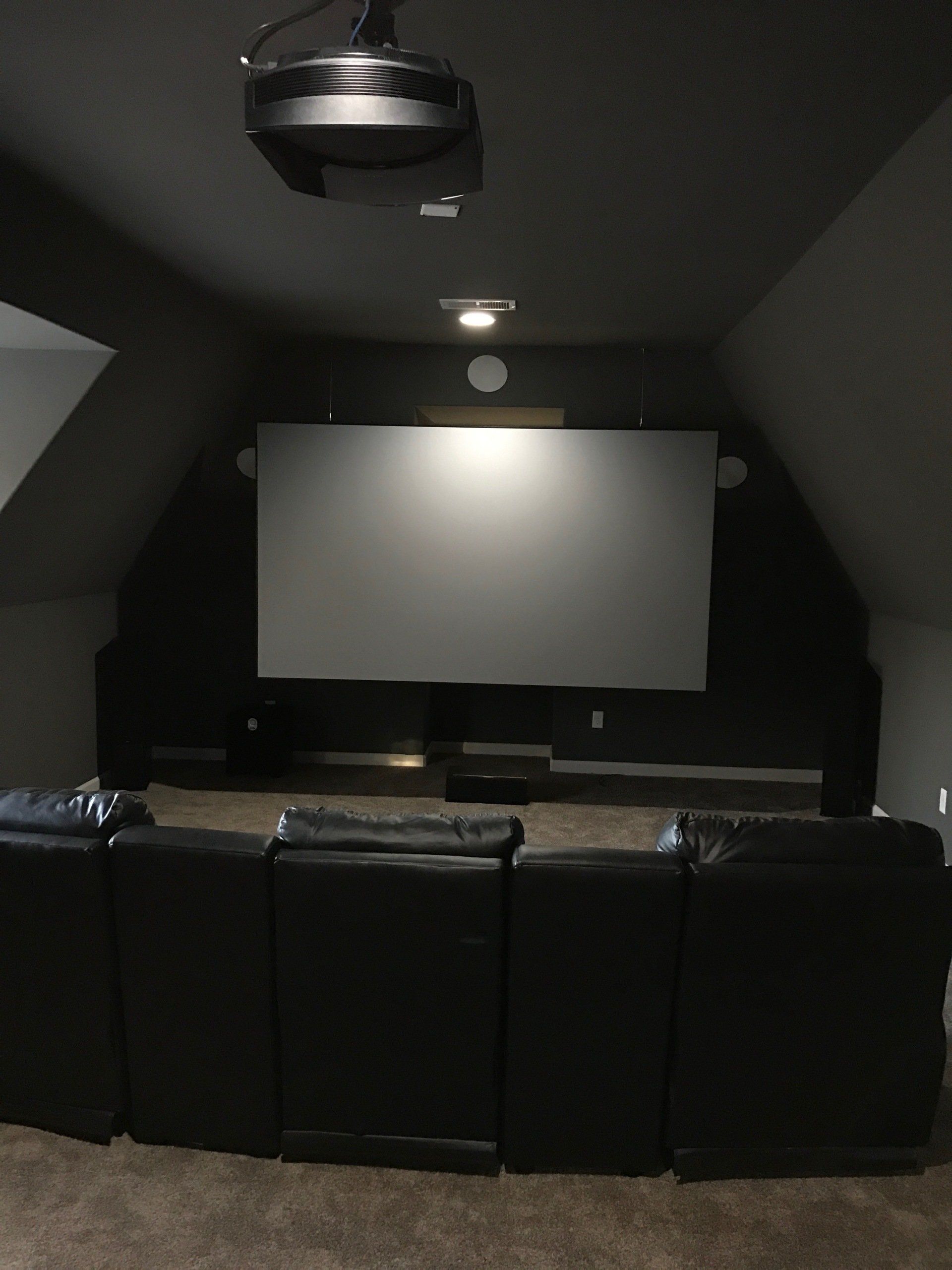 A home theater with a projector and a large screen