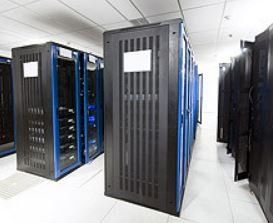 A row of servers is lined up in a data center
