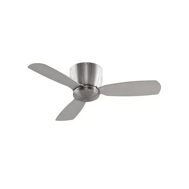Modern brushed metal ceiling fan with three gray blades on a white background