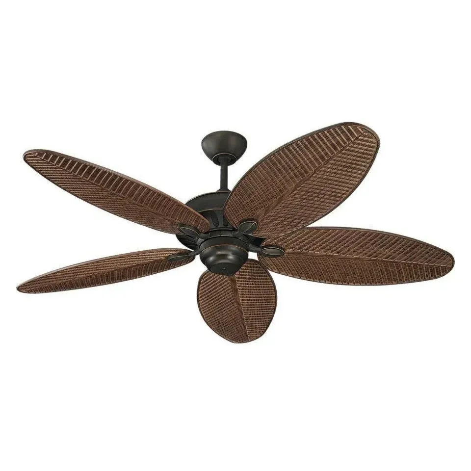 Brown woven-leaf ceiling fan with five blades on a white background